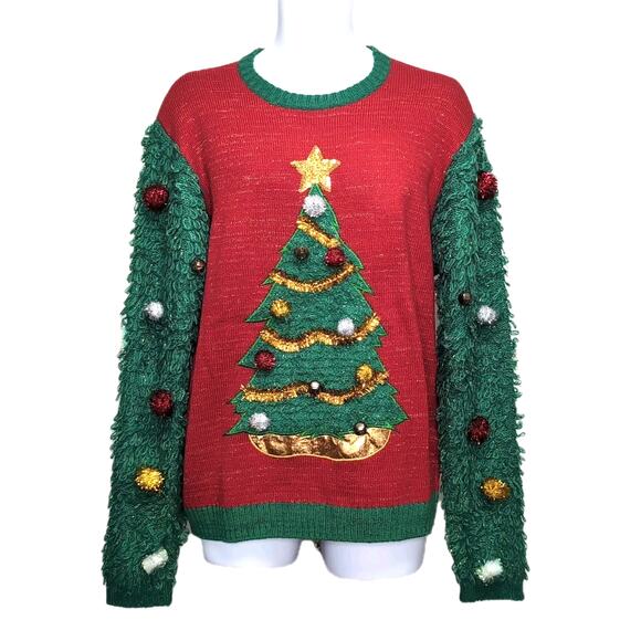 33 Degrees Ugly Christmas Sweater Mens Size L Red Green Tree Bells Pompoms - Picture 1 of 16